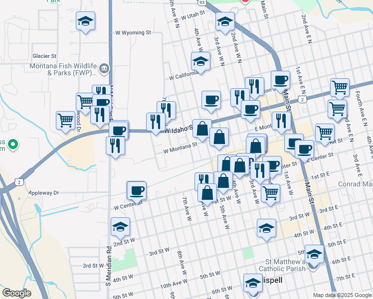 map of restaurants, bars, coffee shops, grocery stores, and more near 96 6th Avenue West North in Kalispell