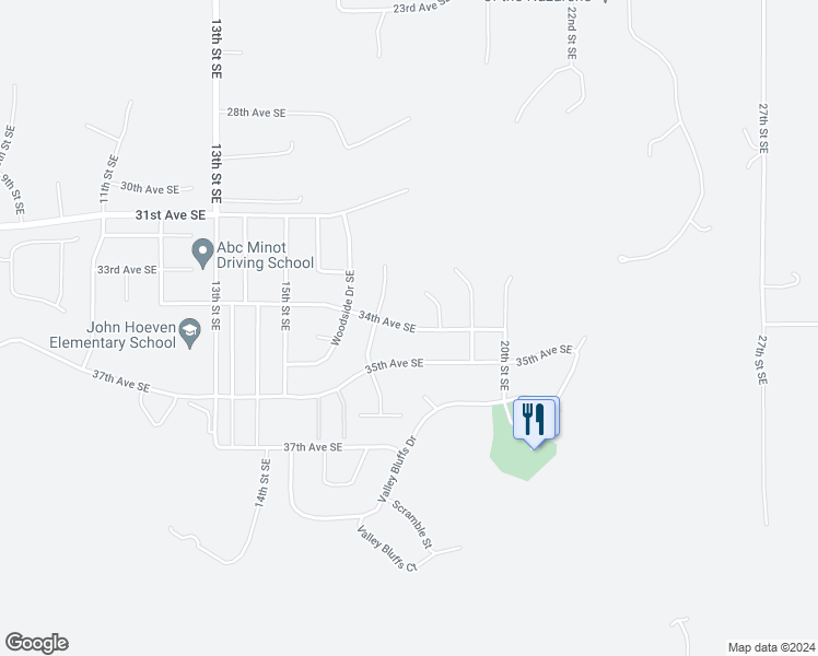 map of restaurants, bars, coffee shops, grocery stores, and more near 1712 34th Avenue Southeast in Minot