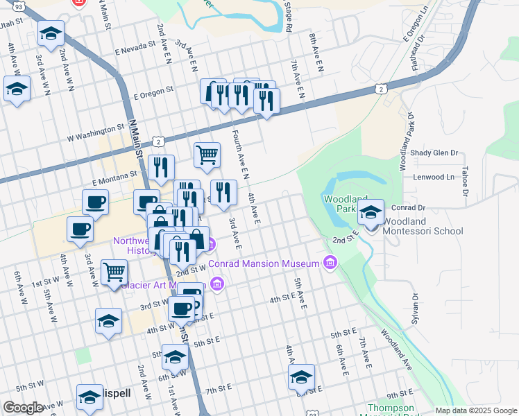 map of restaurants, bars, coffee shops, grocery stores, and more near 3 4th Avenue East in Kalispell