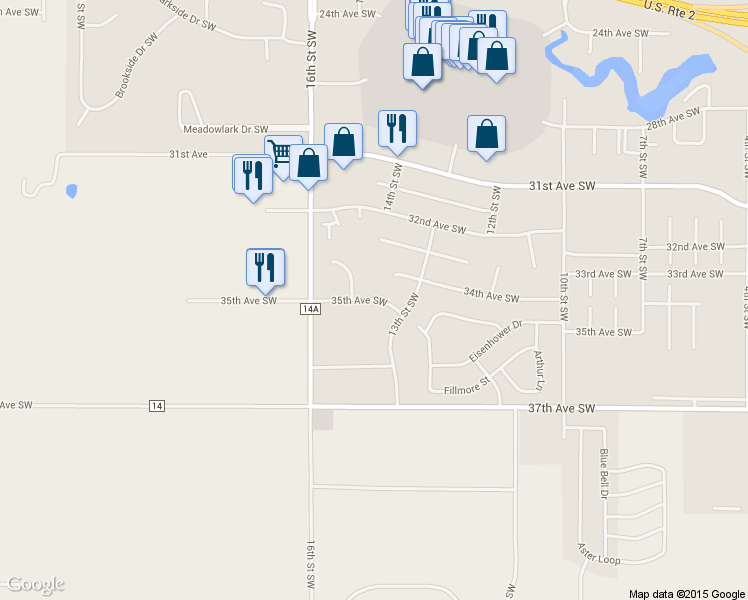map of restaurants, bars, coffee shops, grocery stores, and more near 724 35th Avenue Southwest in Minot