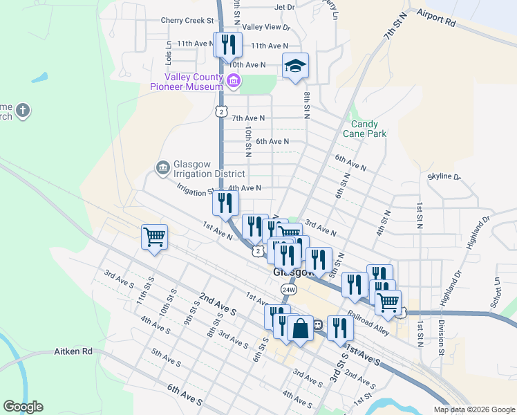 map of restaurants, bars, coffee shops, grocery stores, and more near 804 U.S. 2 in Glasgow