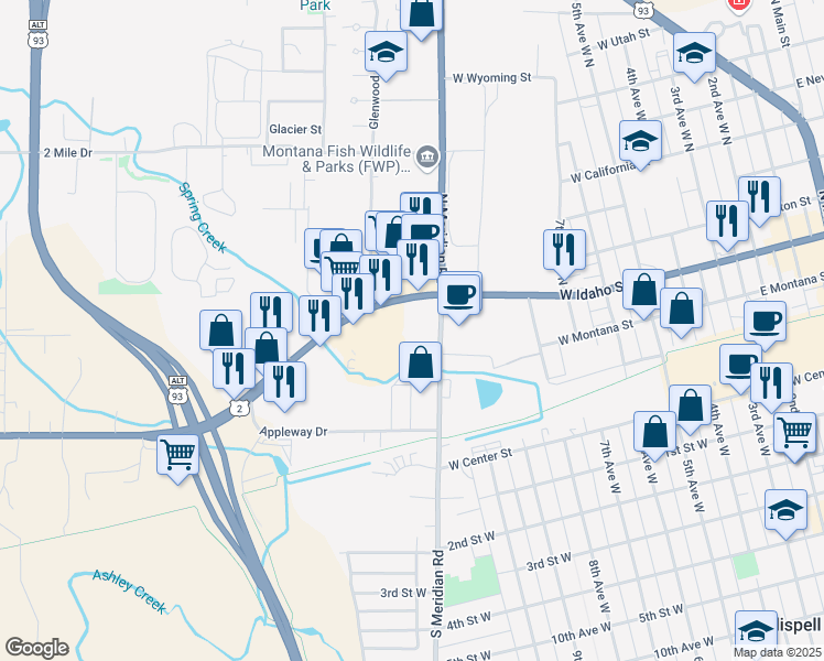 map of restaurants, bars, coffee shops, grocery stores, and more near 1000 West Idaho Street in Kalispell