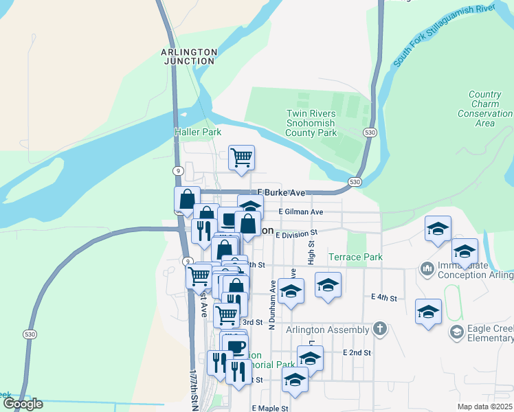 map of restaurants, bars, coffee shops, grocery stores, and more near 117 East Division Street in Arlington