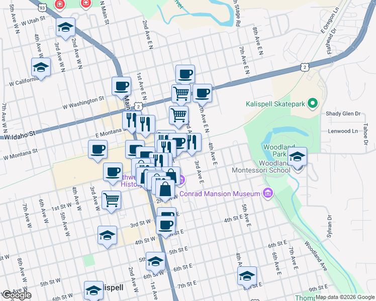 map of restaurants, bars, coffee shops, grocery stores, and more near 219 East Center Street in Kalispell