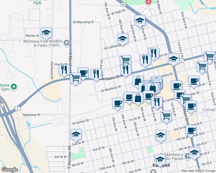 map of restaurants, bars, coffee shops, grocery stores, and more near 96 6th Avenue West North in Kalispell