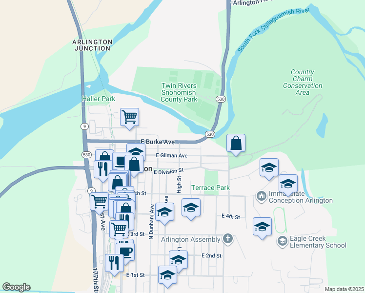 map of restaurants, bars, coffee shops, grocery stores, and more near 405 East Gilman Avenue in Arlington