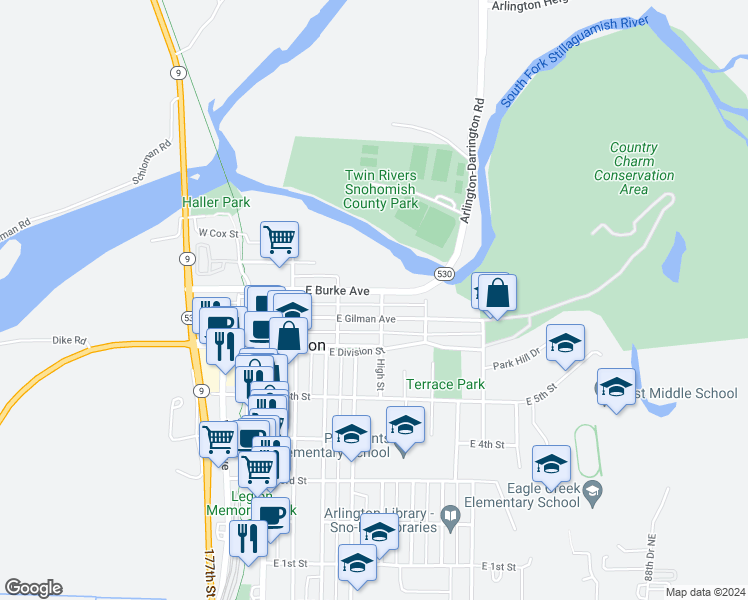 map of restaurants, bars, coffee shops, grocery stores, and more near 405 East Gilman Avenue in Arlington