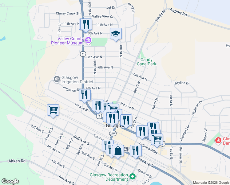 map of restaurants, bars, coffee shops, grocery stores, and more near 640 3rd Avenue North in Glasgow