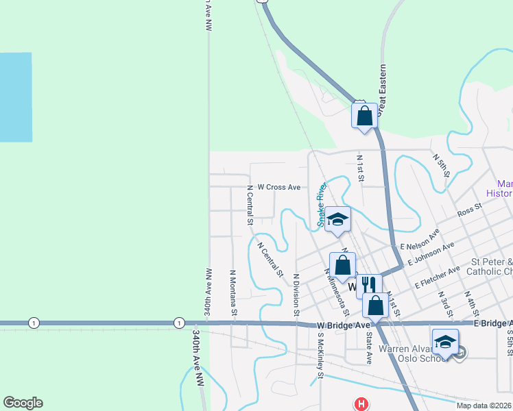 map of restaurants, bars, coffee shops, grocery stores, and more near 806 North Central Street in Warren
