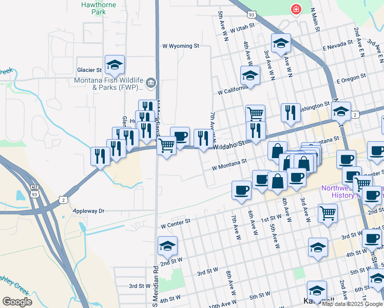 map of restaurants, bars, coffee shops, grocery stores, and more near 160 8th Ave W N in Kalispell