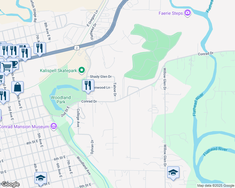 map of restaurants, bars, coffee shops, grocery stores, and more near 43 Tahoe Dr in Kalispell