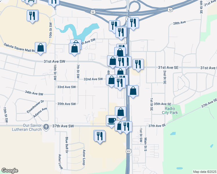map of restaurants, bars, coffee shops, grocery stores, and more near 401 33rd Avenue Southwest in Minot