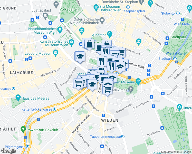map of restaurants, bars, coffee shops, grocery stores, and more near 12 Friedrichstraße in Wien