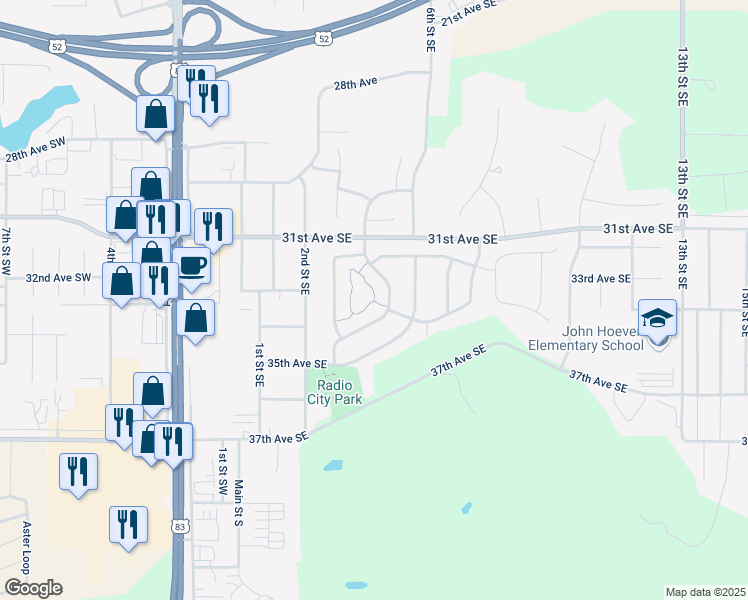 map of restaurants, bars, coffee shops, grocery stores, and more near 406 31st Avenue Southeast in Minot