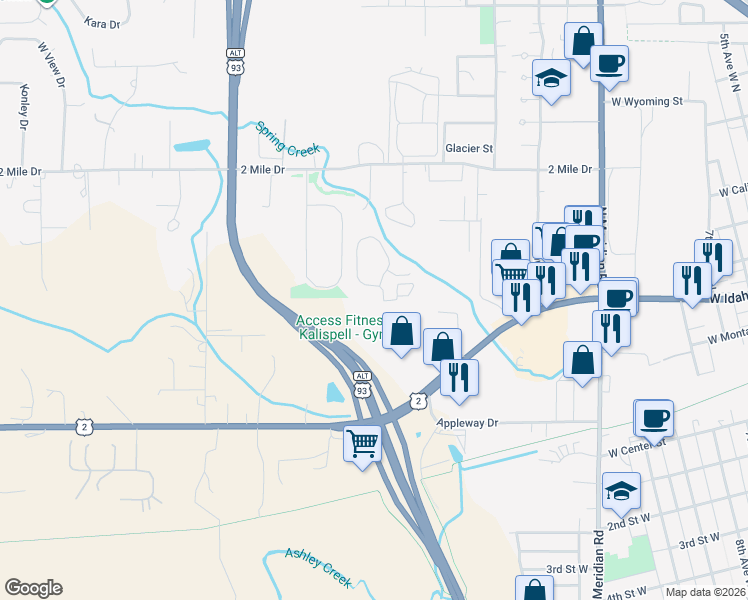 map of restaurants, bars, coffee shops, grocery stores, and more near 664 Corporate Drive in Kalispell