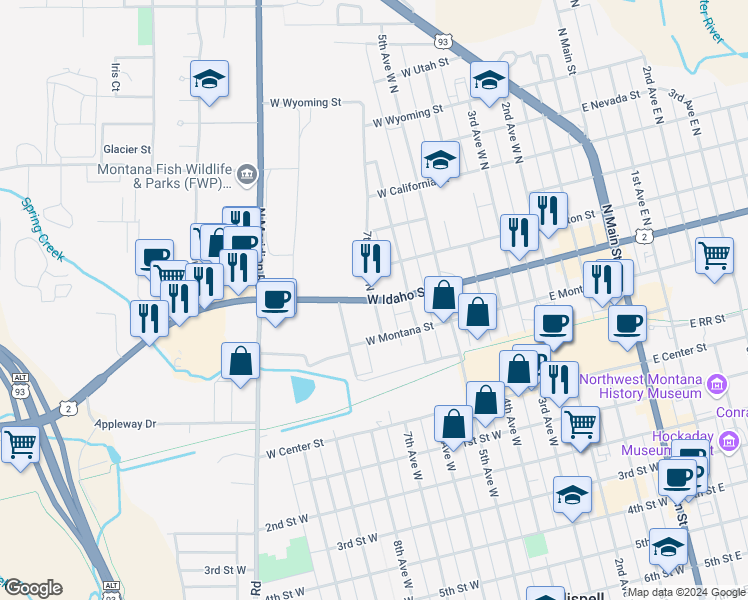 map of restaurants, bars, coffee shops, grocery stores, and more near 201 7th Avenue West North in Kalispell