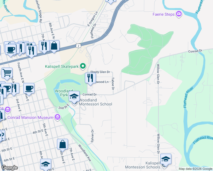 map of restaurants, bars, coffee shops, grocery stores, and more near 559 Lenwood Lane in Kalispell
