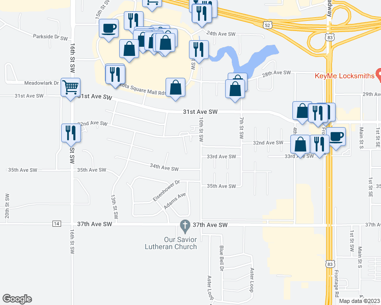 map of restaurants, bars, coffee shops, grocery stores, and more near 3221 11th Street Southwest in Minot