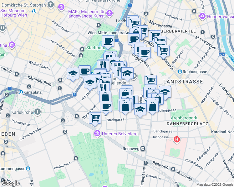 map of restaurants, bars, coffee shops, grocery stores, and more near 2 Gottfried-Keller-Gasse in Wien
