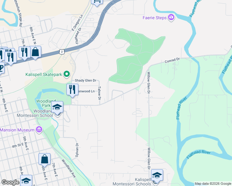 map of restaurants, bars, coffee shops, grocery stores, and more near 645 Conrad Drive in Kalispell