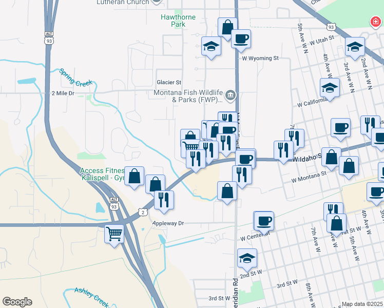 map of restaurants, bars, coffee shops, grocery stores, and more near 1203 U.S. 2 in Kalispell