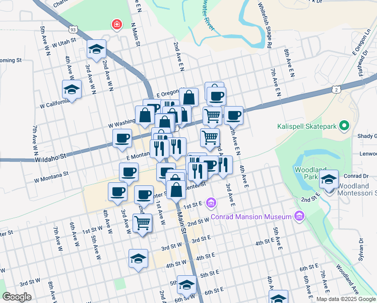 map of restaurants, bars, coffee shops, grocery stores, and more near 112 E Montana St in Kalispell