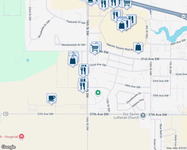 map of restaurants, bars, coffee shops, grocery stores, and more near 3417 15th Street Southwest in Minot
