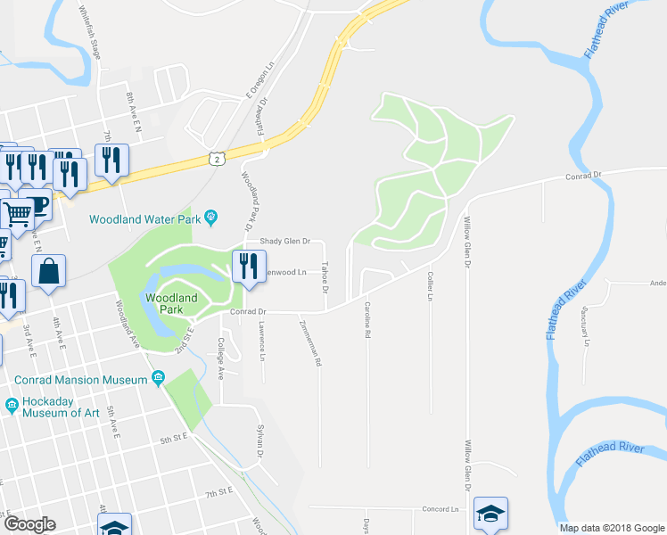 map of restaurants, bars, coffee shops, grocery stores, and more near 43 Tahoe Dr in Kalispell