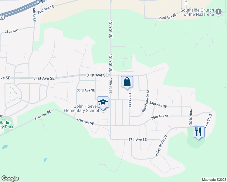 map of restaurants, bars, coffee shops, grocery stores, and more near 1347 34th Avenue Southeast in Minot