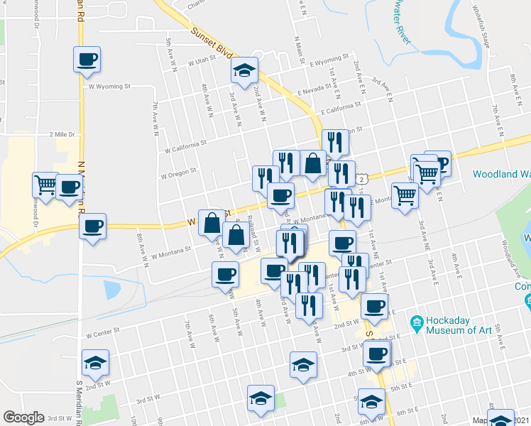 map of restaurants, bars, coffee shops, grocery stores, and more near 173 3rd Avenue West North in Kalispell