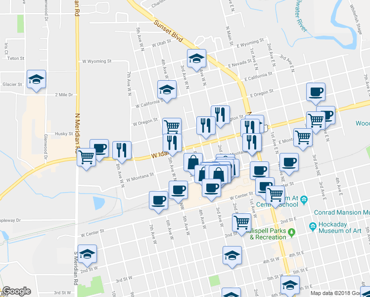 map of restaurants, bars, coffee shops, grocery stores, and more near 198 4th Avenue West N in Kalispell