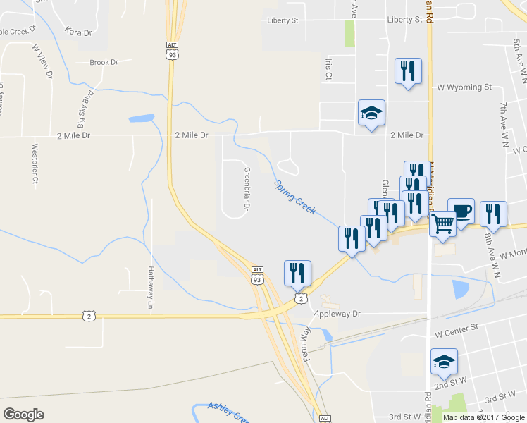 map of restaurants, bars, coffee shops, grocery stores, and more near 664 Corporate Drive in Kalispell