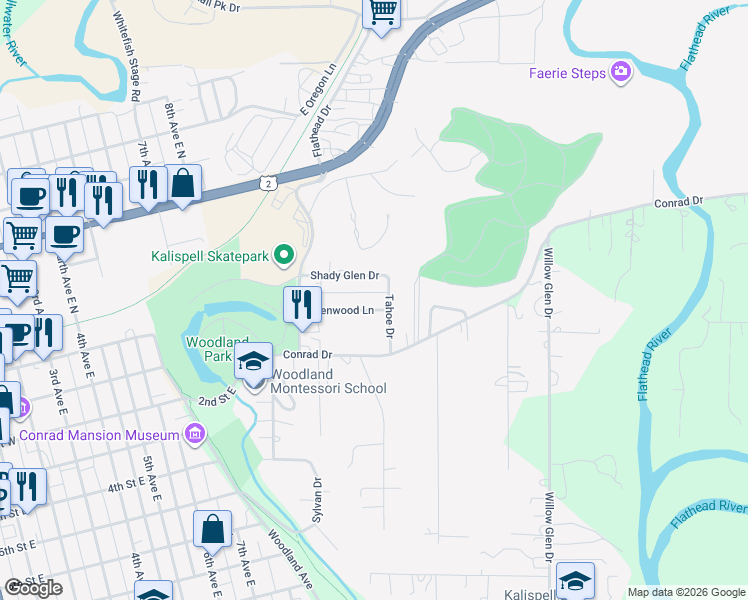 map of restaurants, bars, coffee shops, grocery stores, and more near 559 Lenwood Lane in Kalispell