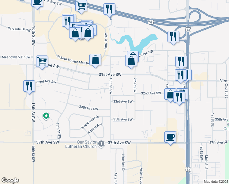 map of restaurants, bars, coffee shops, grocery stores, and more near 3206 10th Street Southwest in Minot