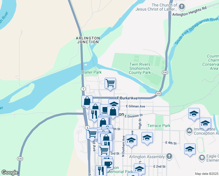 map of restaurants, bars, coffee shops, grocery stores, and more near 123 East Haller Avenue in Arlington