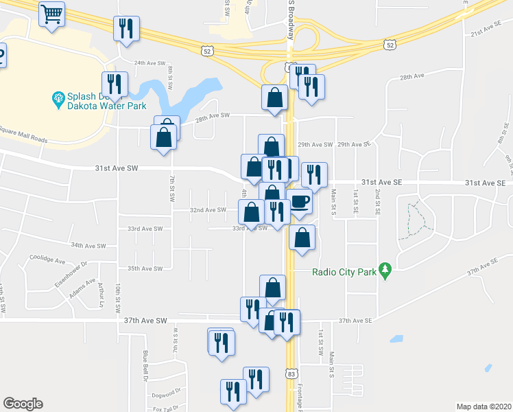 map of restaurants, bars, coffee shops, grocery stores, and more near 3205 4th Street Southwest in Minot