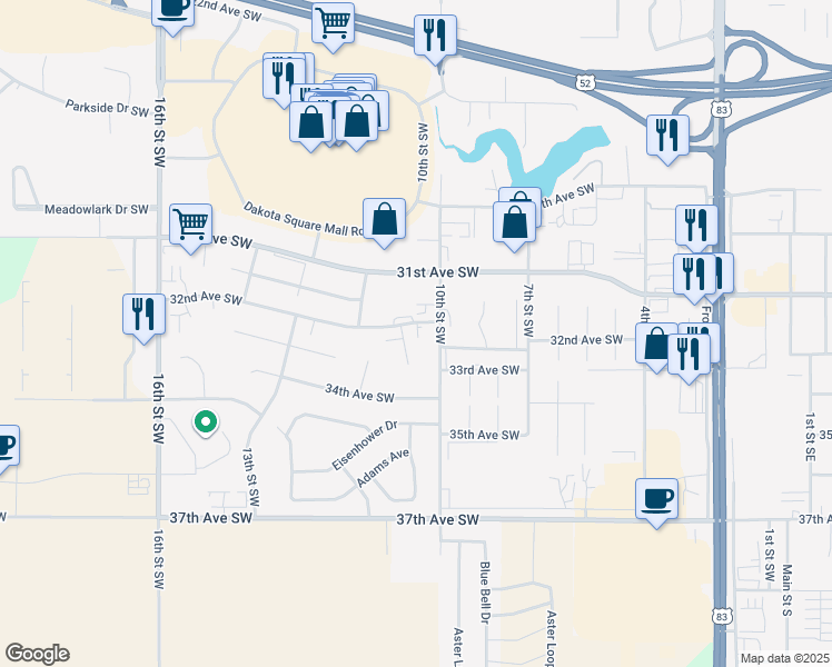 map of restaurants, bars, coffee shops, grocery stores, and more near 3206 10th Street Southwest in Minot