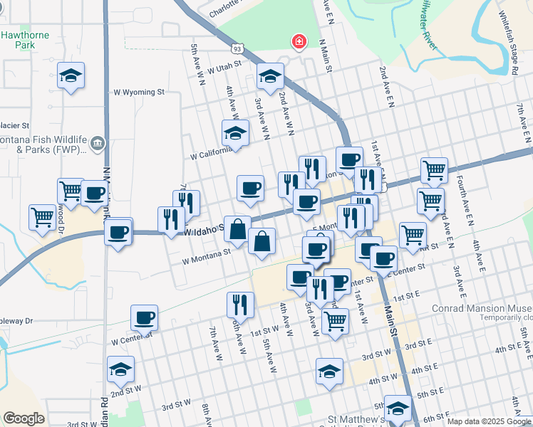 map of restaurants, bars, coffee shops, grocery stores, and more near 100-198 4th Avenue West North in Kalispell