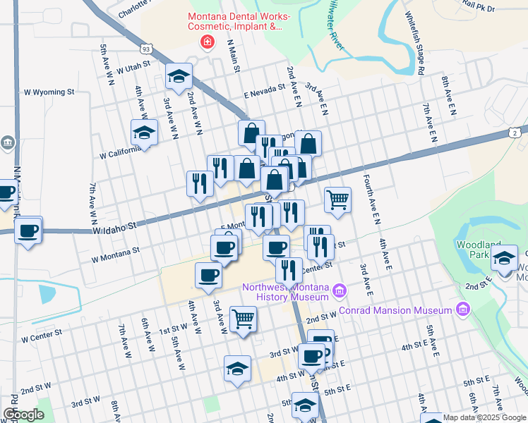 map of restaurants, bars, coffee shops, grocery stores, and more near 140 North Main Street in Kalispell