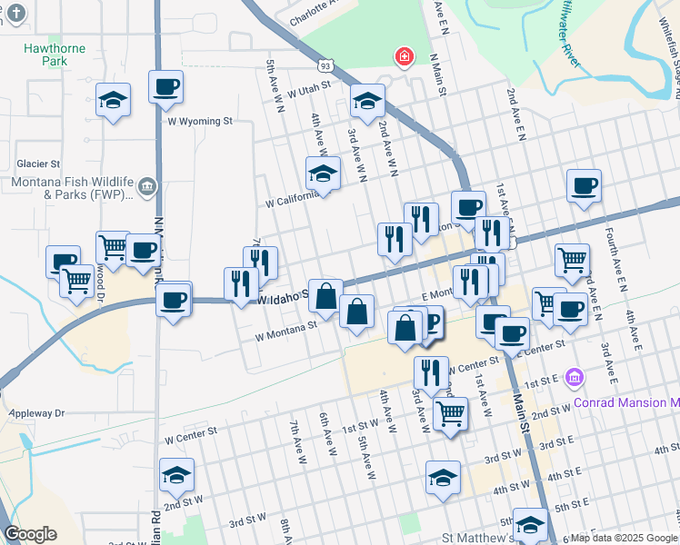 map of restaurants, bars, coffee shops, grocery stores, and more near 254 5th Avenue East North in Kalispell