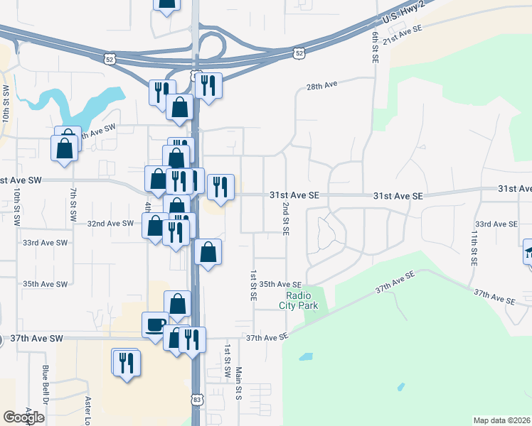map of restaurants, bars, coffee shops, grocery stores, and more near 3121 1st Street Southeast in Minot