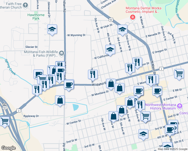 map of restaurants, bars, coffee shops, grocery stores, and more near 201-299 7th Avenue West N in Kalispell