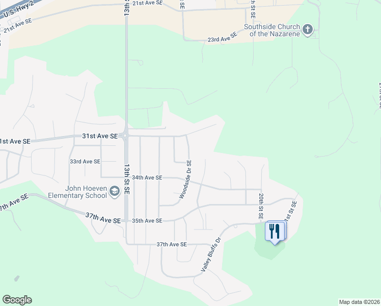 map of restaurants, bars, coffee shops, grocery stores, and more near Willow Ln in Minot