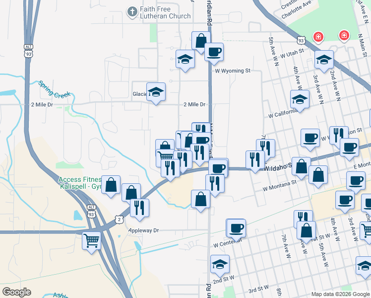 map of restaurants, bars, coffee shops, grocery stores, and more near 1110 Husky Street in Kalispell