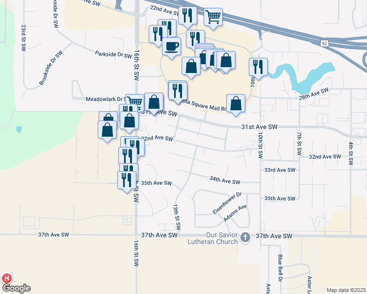 map of restaurants, bars, coffee shops, grocery stores, and more near 1301 33rd Avenue Southwest in Minot