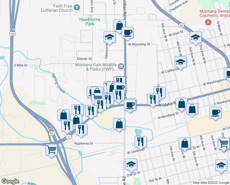 map of restaurants, bars, coffee shops, grocery stores, and more near 1050 Husky Street in Kalispell