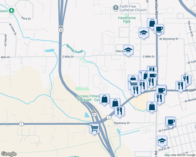 map of restaurants, bars, coffee shops, grocery stores, and more near 151 Greenbriar Drive in Kalispell