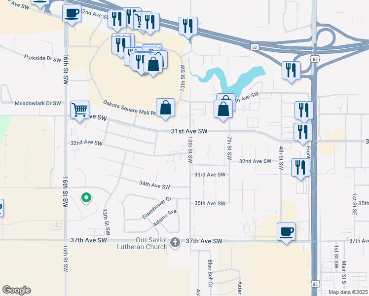 map of restaurants, bars, coffee shops, grocery stores, and more near 3100 10th Street Southwest in Minot
