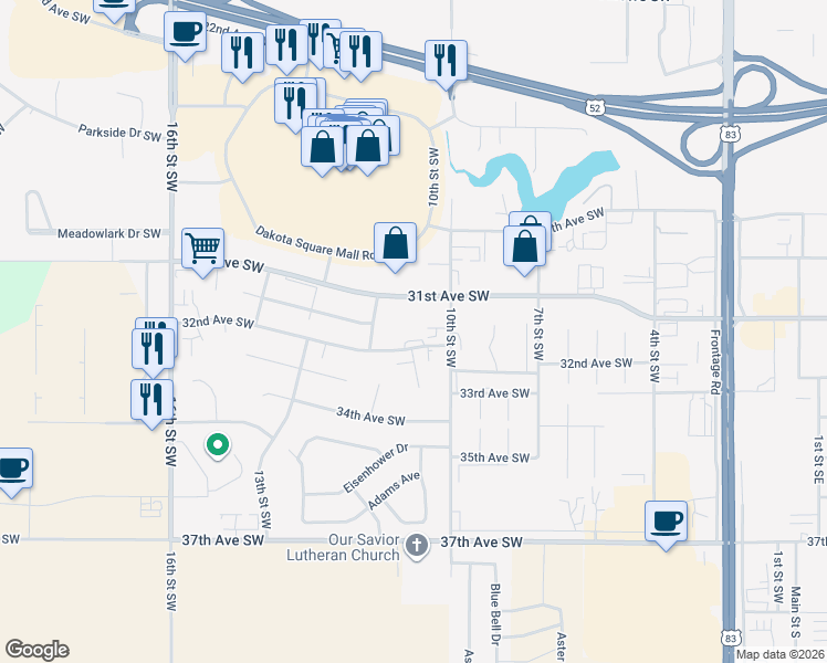 map of restaurants, bars, coffee shops, grocery stores, and more near 1100 32nd Avenue Southwest in Minot