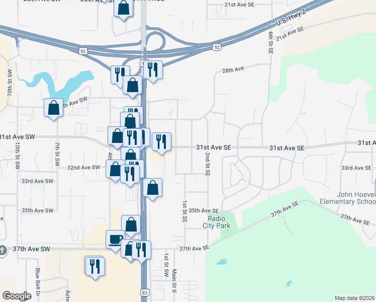 map of restaurants, bars, coffee shops, grocery stores, and more near 3000 1st Street Southwest in Minot